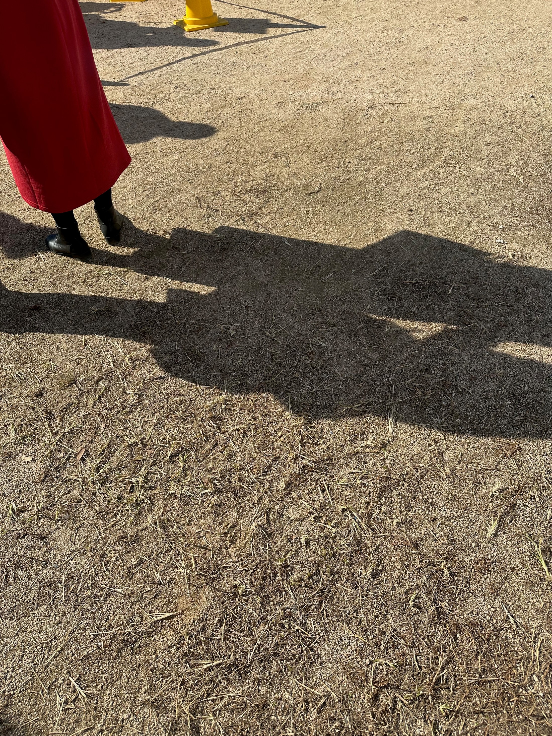 A cropped figure in a red skirt steps across pale ground beside a long shadow.