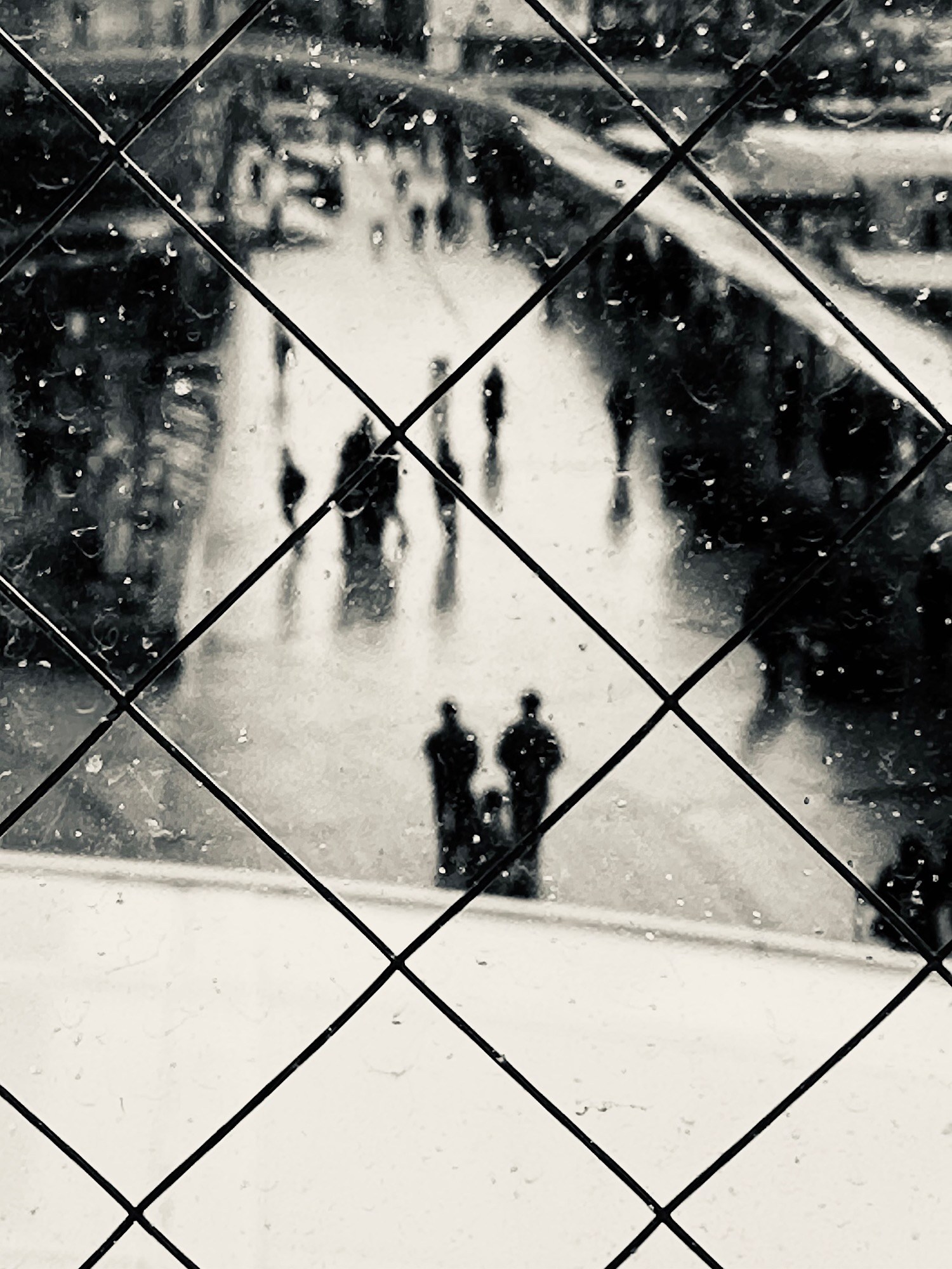 Distant pedestrians seen through rain-speckled wired glass, with the diamond mesh sharp in the foreground.