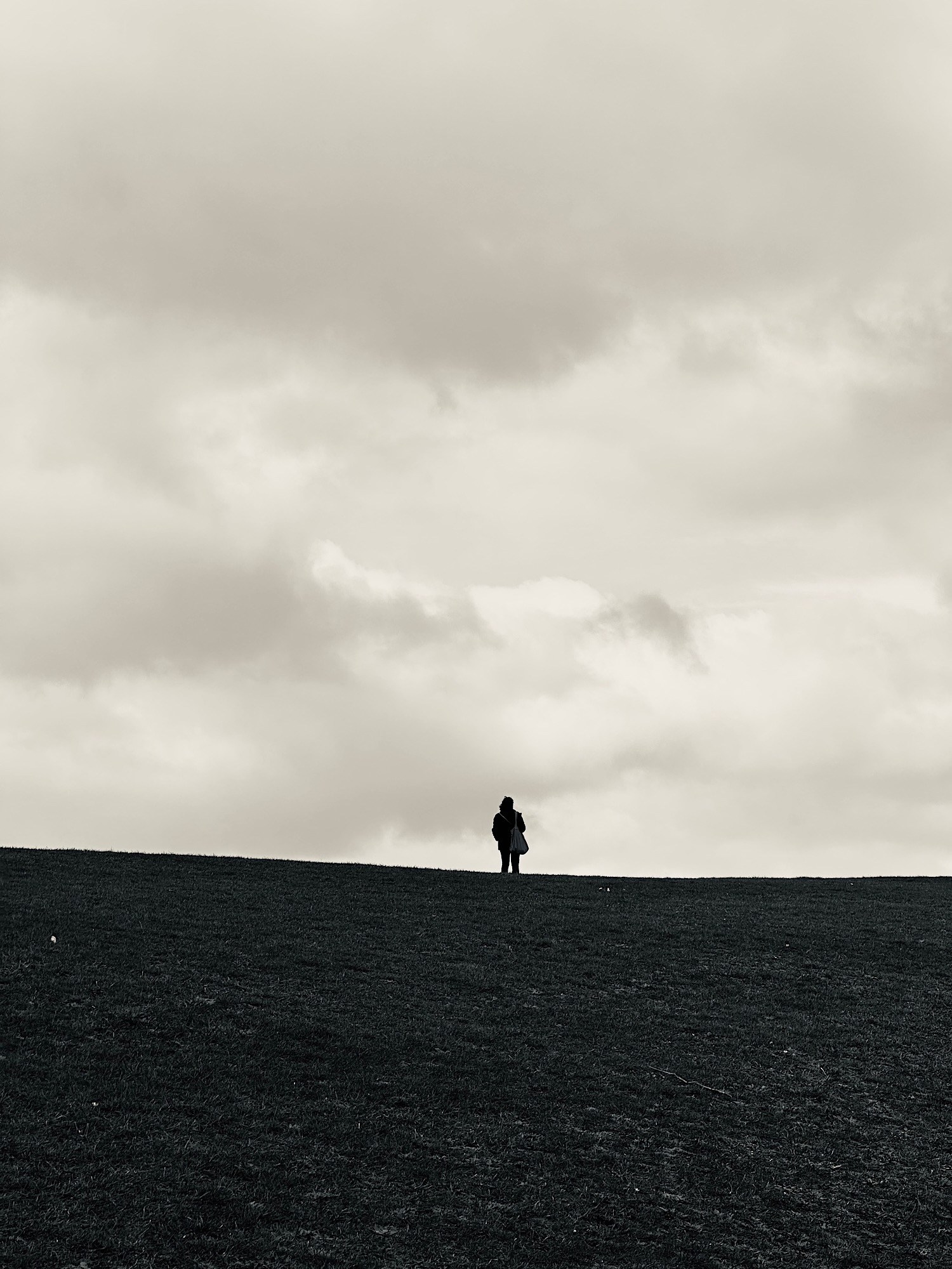 A lone figure on a pale horizon beneath a broad clouded sky.