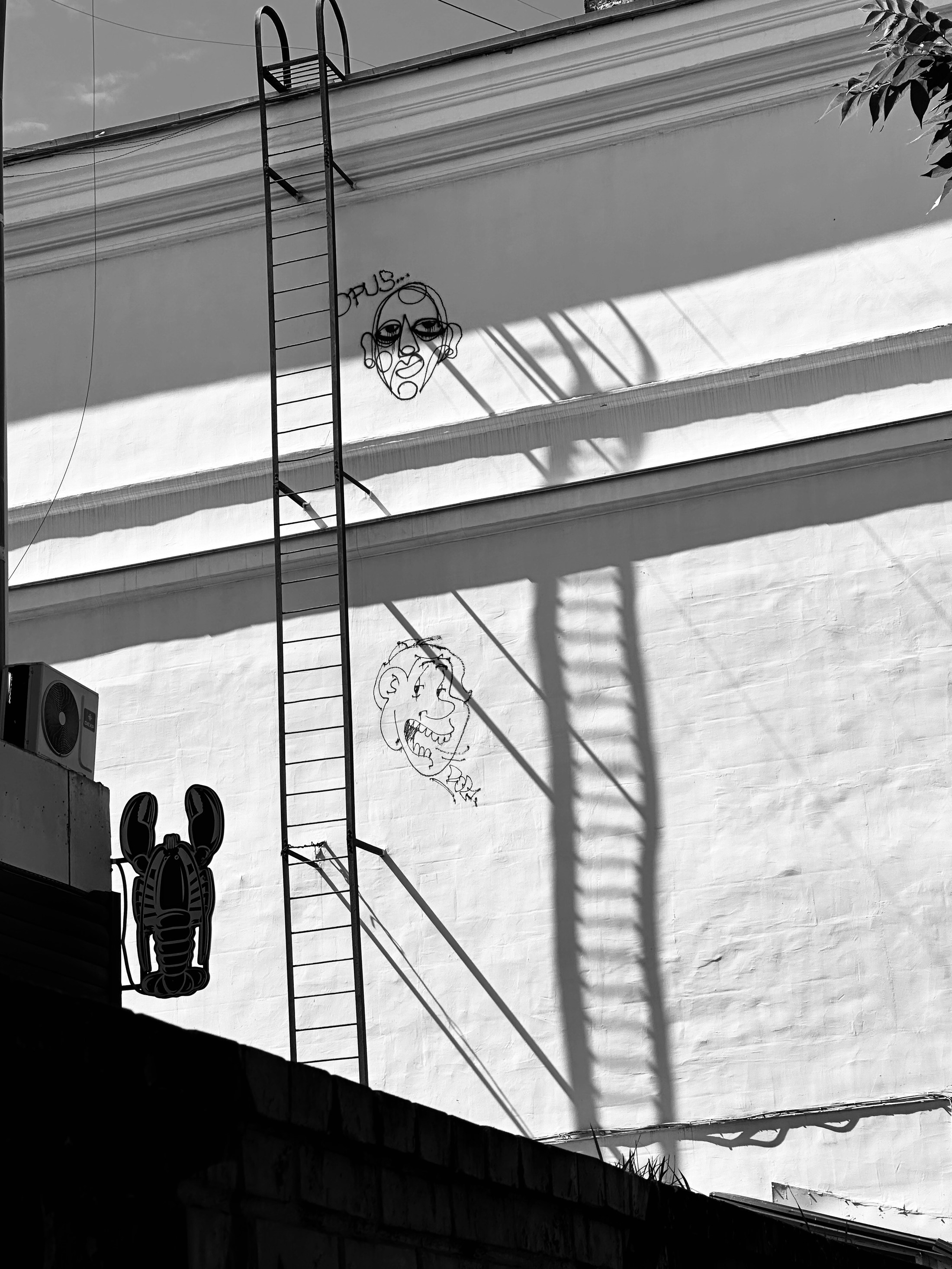 A ladder, a small standing figure and long shadows in an industrial space.