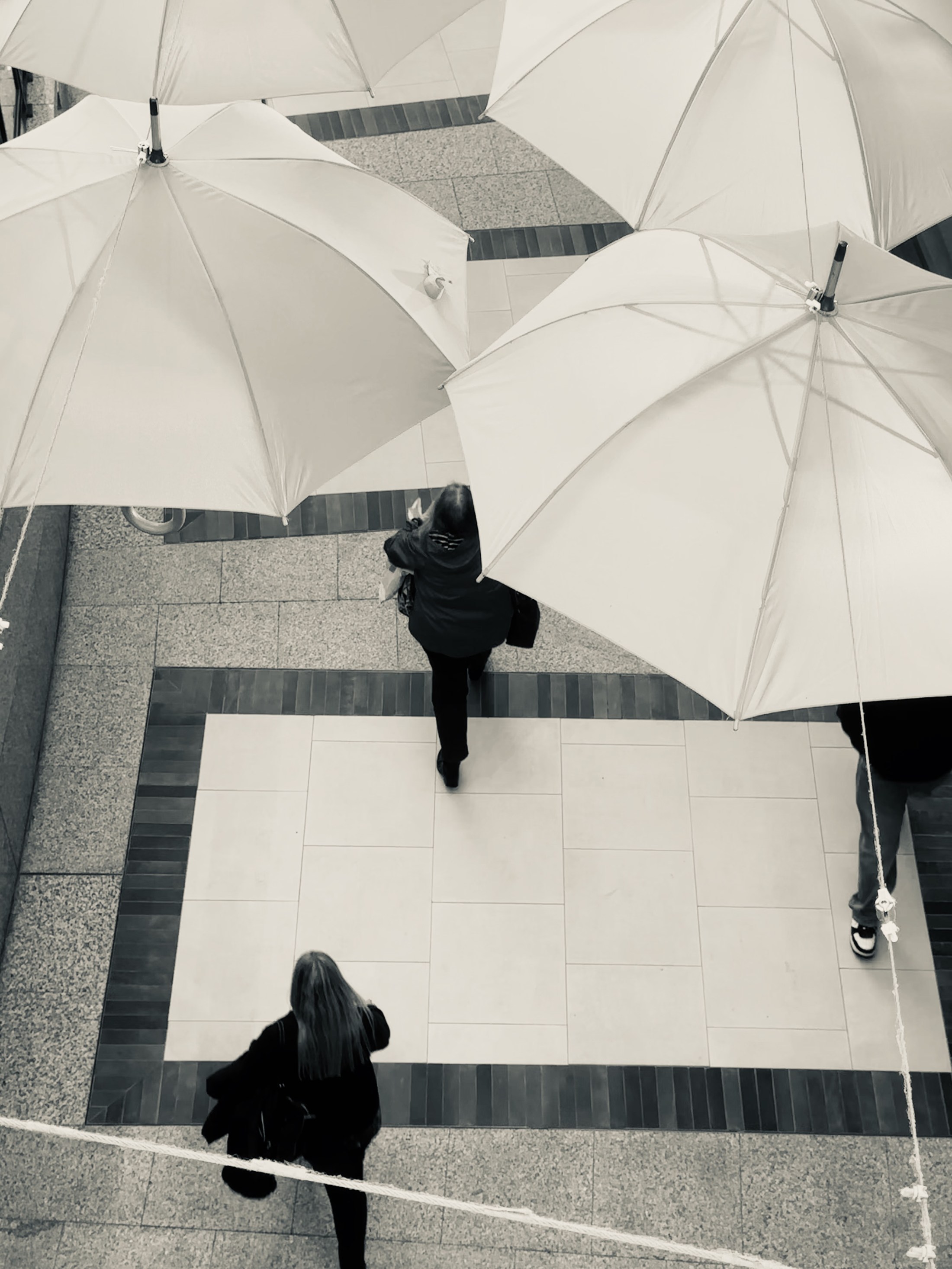 Several white umbrellas seen from above divide a tiled concourse around moving figures.